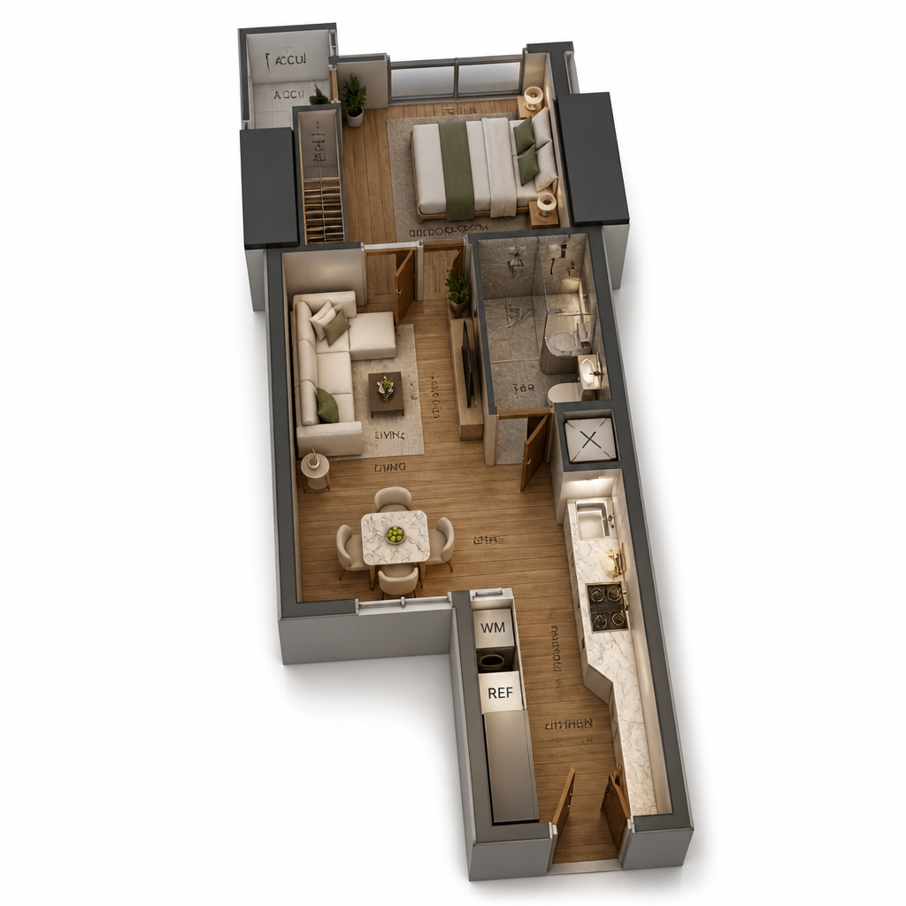 The Valeron Tower 1-Bedroom Unit 3D floor plan — 46 sqm