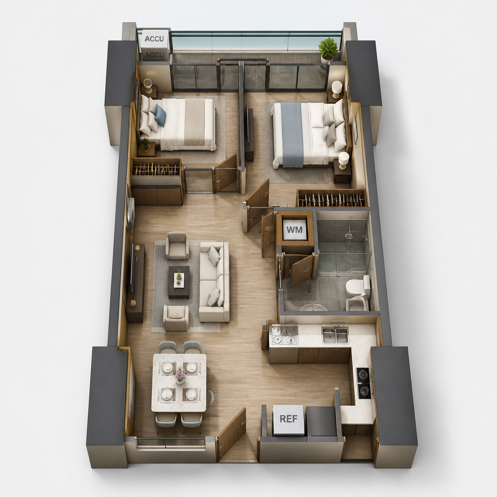 The Valeron Tower 2-Bedroom Unit 3D floor plan — 65 sqm