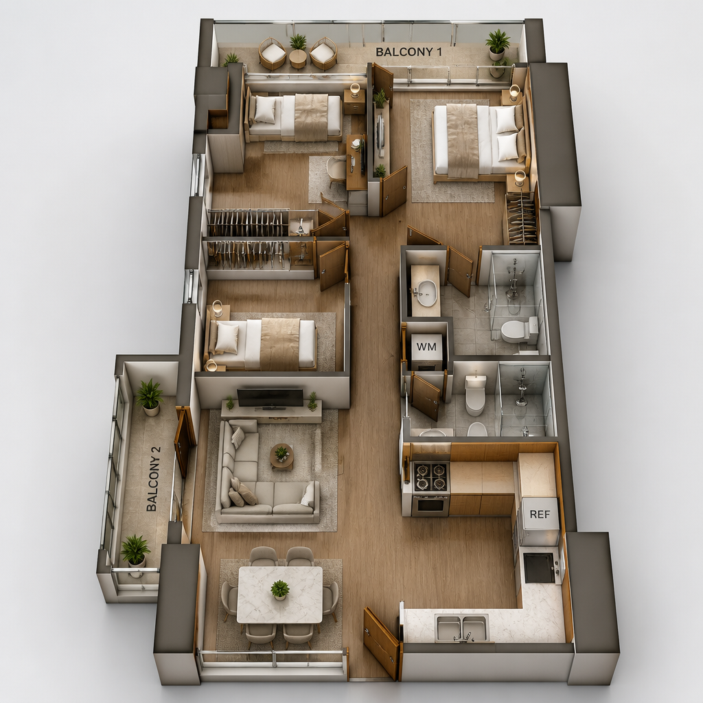 The Valeron Tower 3-Bedroom Signature Suite 3D floor plan — 82 sqm