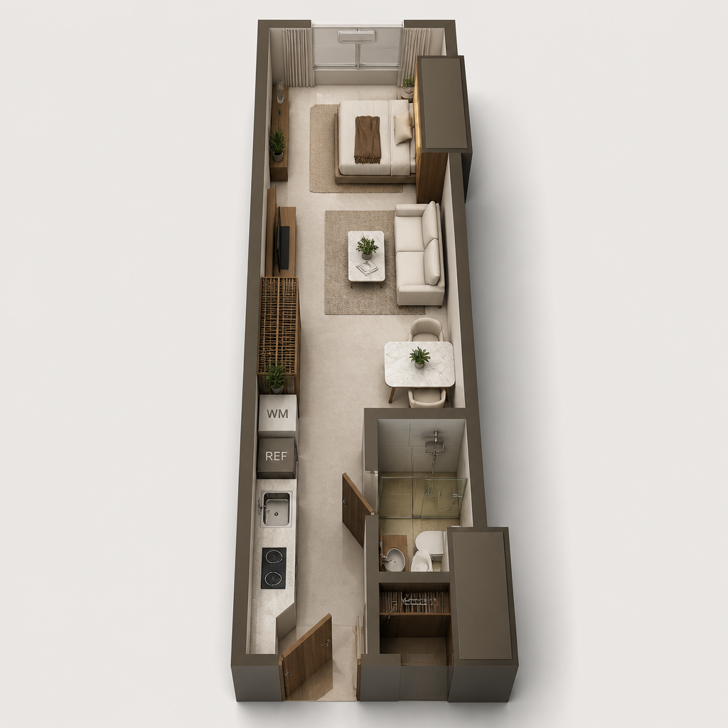 The Valeron Tower Studio Unit 3D floor plan — 32 sqm