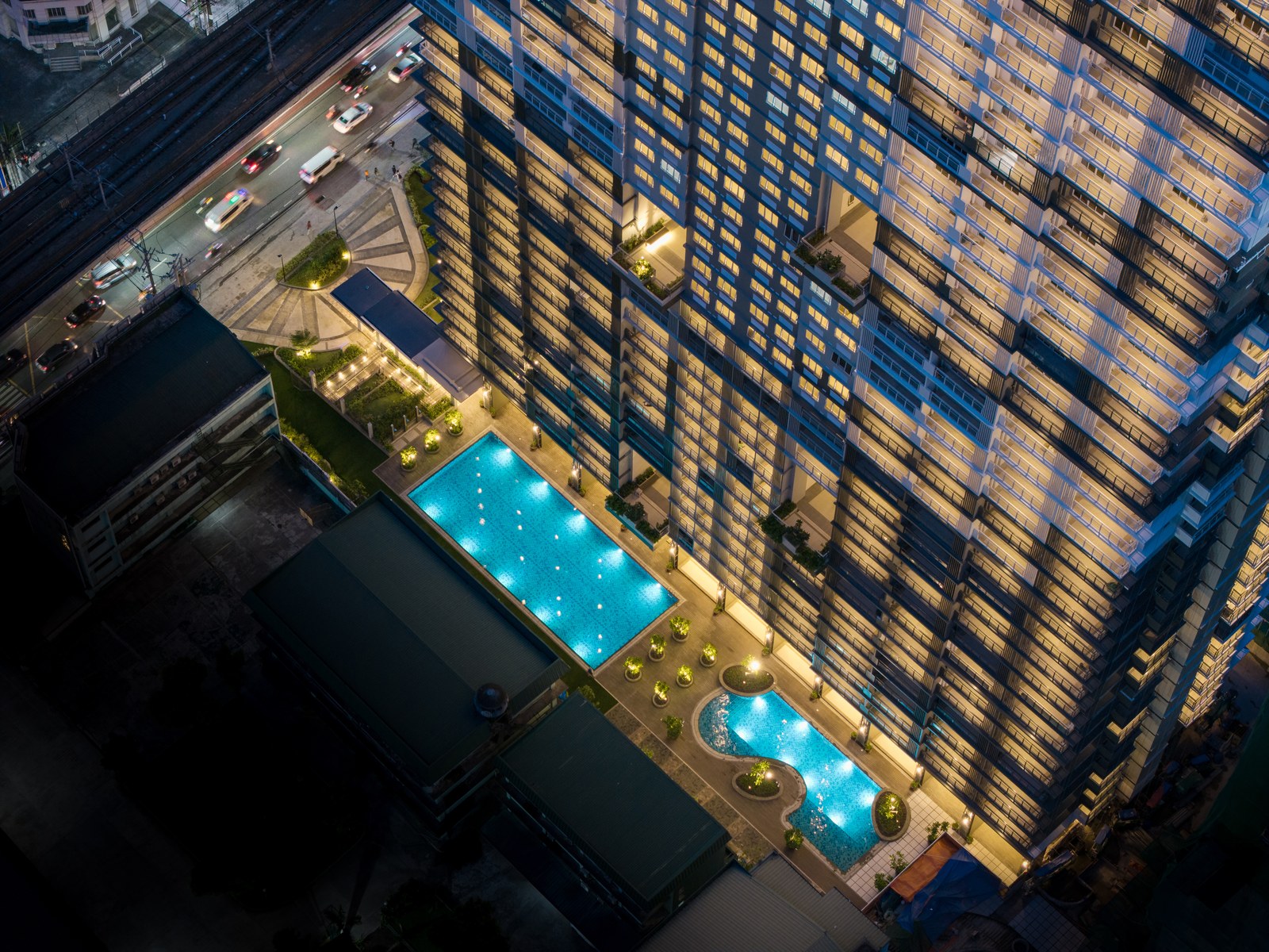 The Oriana amenity core aerial view at night