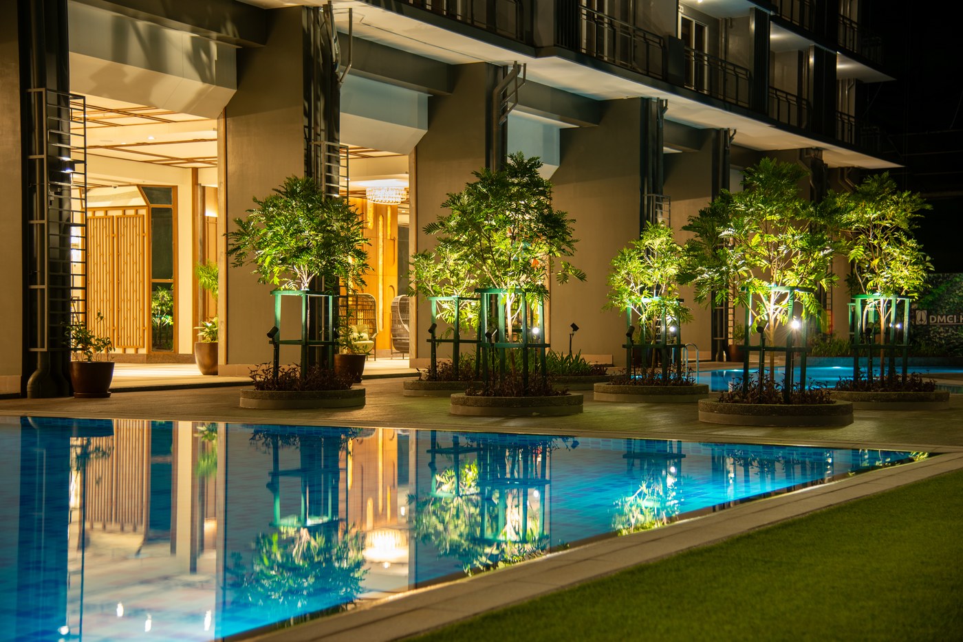 The Oriana lap pool deck illuminated at night